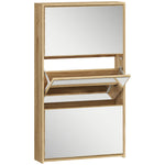 Meuble à chaussures 9 paires, armoire à chaussures étroite, 3 tiroirs rabattables portes miroirs, 65x17x114,5cm naturel