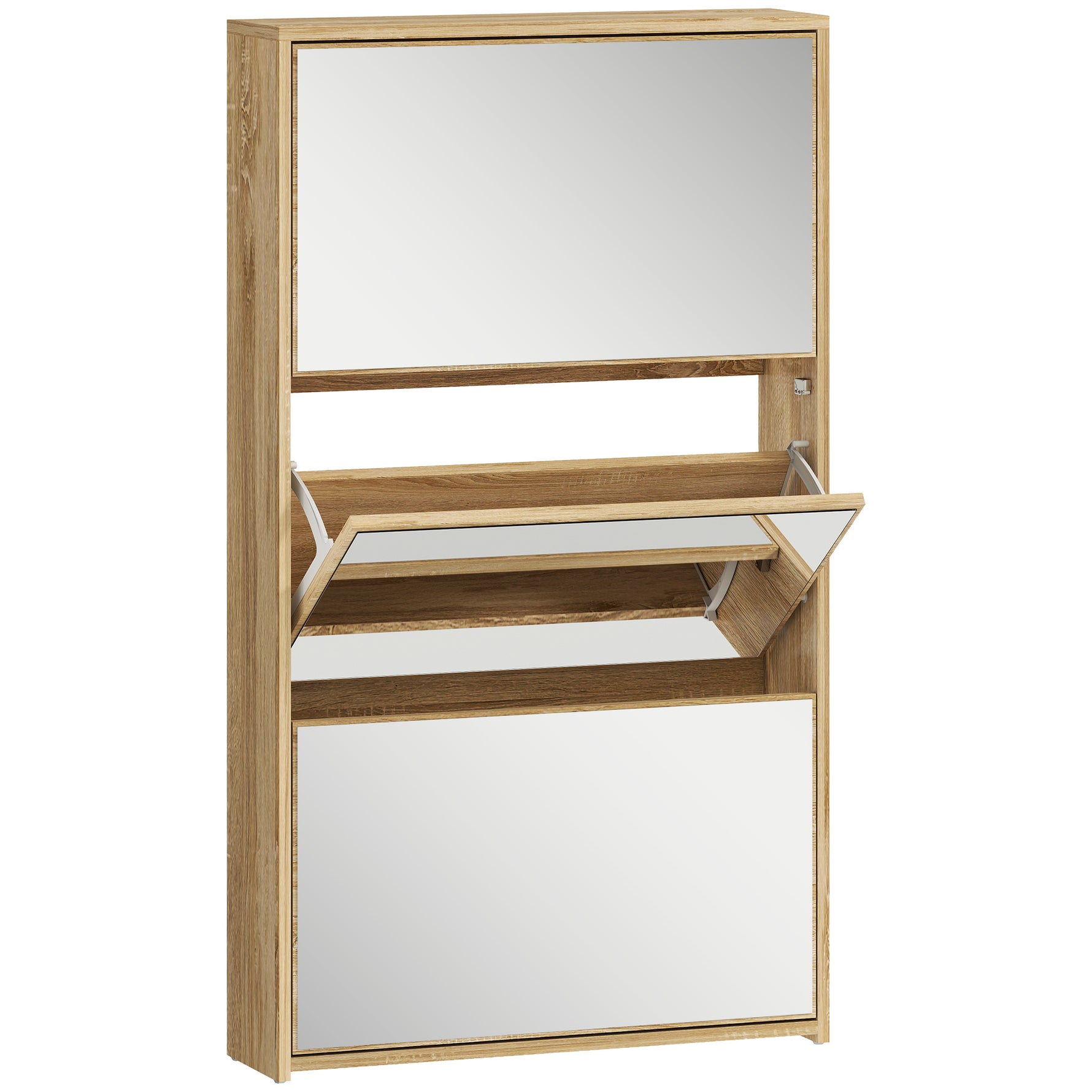 Meuble à chaussures 9 paires, armoire à chaussures étroite, 3 tiroirs rabattables portes miroirs, 65x17x114,5cm naturel
