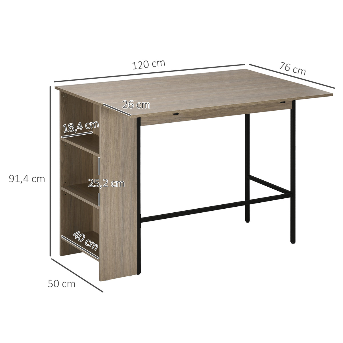 Isla central para barra con tablero lateral abatible y 3 estantes 120 x 76 x 91,4 cm gris claro