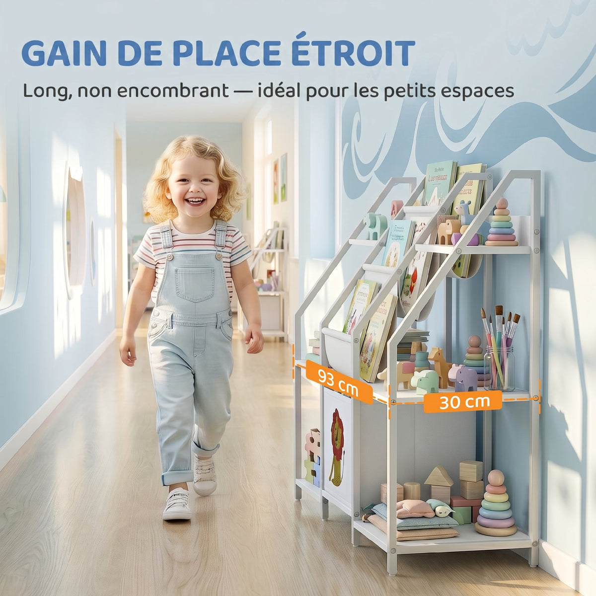 Kinderbücherregal mit 3 Ebenen, Kinderregal mit Stoffschublade, 93 x 30 x 76 cm, Weiß