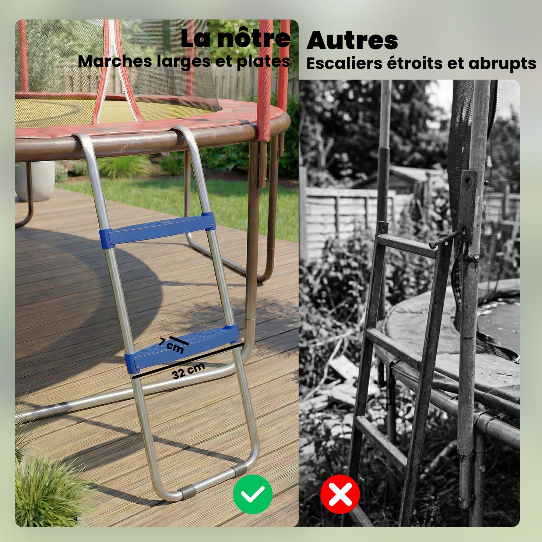 Échelle de Trampoline 2 Marches Larges avec Crochet Universel, Cadre en Acier Galvanisé, Charge 150 kg, 97x32x7 cm, Bleu