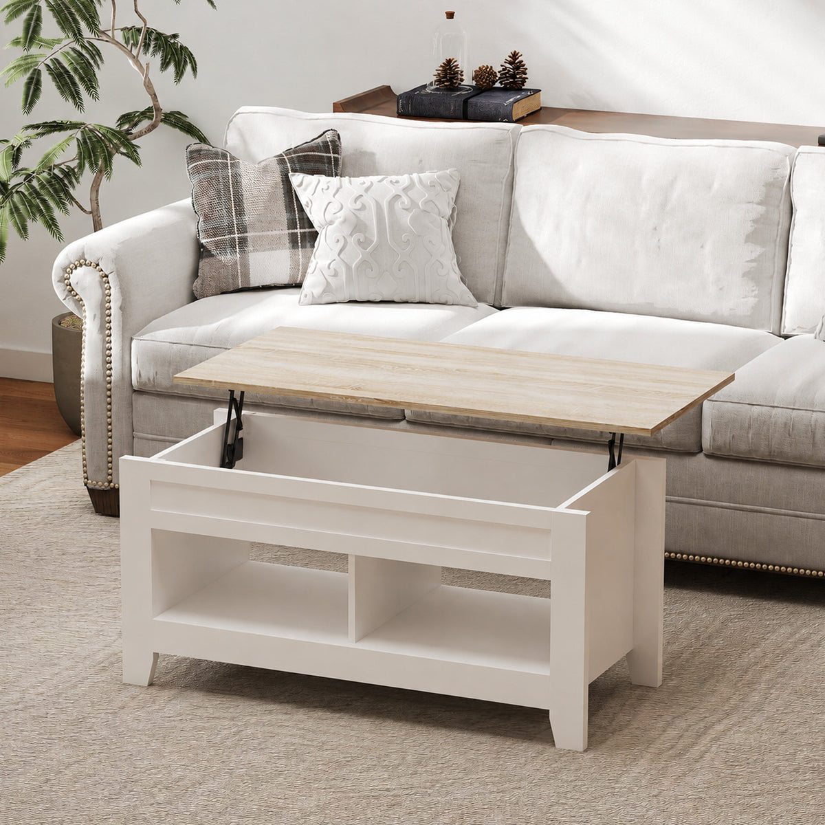 Table basse plateau relevable, table de salon avec étagères et compartiment caché,105 x 50 x 49-62,5 cm blanc
