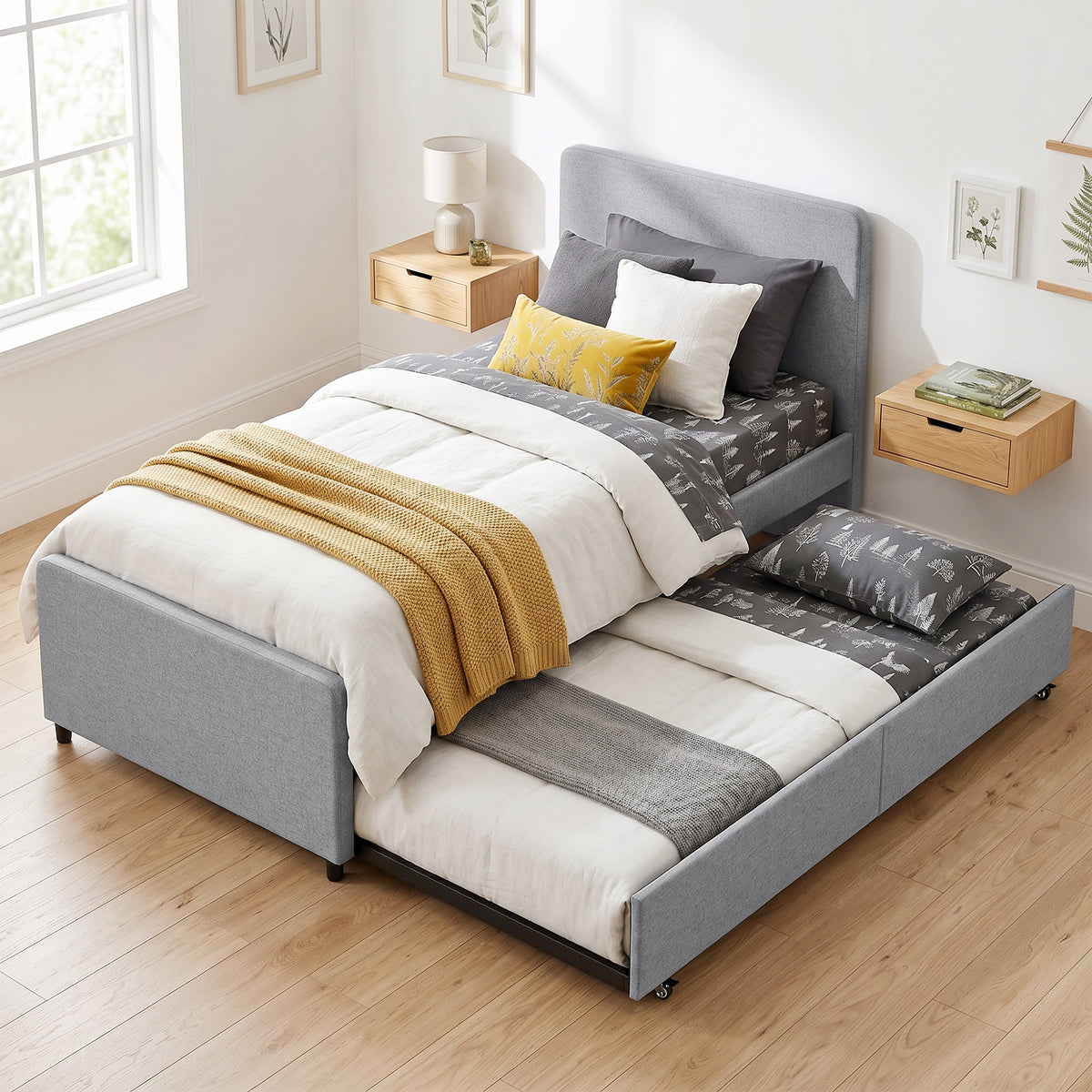 Lit gigogne 90 x 190 cm, cadre de lit simple/double avec sommier à lattes en bois, tête et pied rembourrés, gris clair