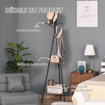 Porte-manteau trépied style industriel branches 2 étagères + 6 patères dim. 52L x 46l x 182H cm métal noir