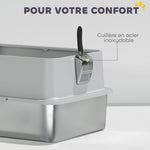 Bac à Litière XL en Acier Inoxydable, Parois Latérales Hautes, Pédale et Tapis Filtrants, Pelle, 60,2x40,2x29,6cm, Gris