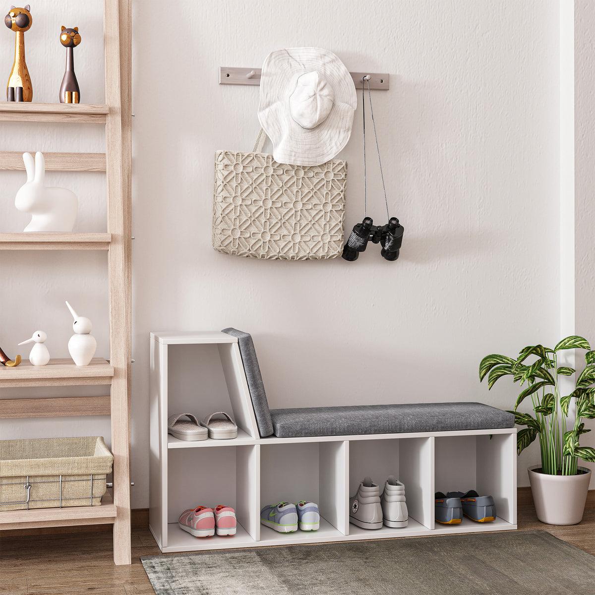 Bibliothèque banc 2 en 1 avec 5 compartiments de rangement et 2 coussins 108 x 30 x 60 cm blanc gris
