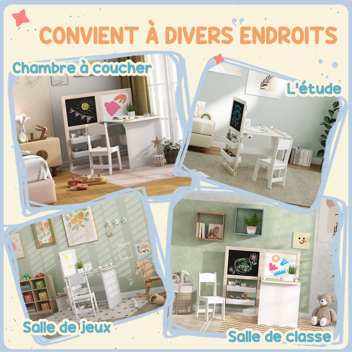 Table enfant avec chaise 3 en 1 avec chevalet pliable étagères de rangement, rouleau de papier - 3 à 8 ans, blanc