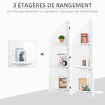 Paravent Intérieur en Bois 4 Panneaux 160 x 170 cm, Séparateur de Pièce Pliable avec 3 Étagères, Cloison de Séparation pour Salon, Chambre à Coucher, Maison, Blanc