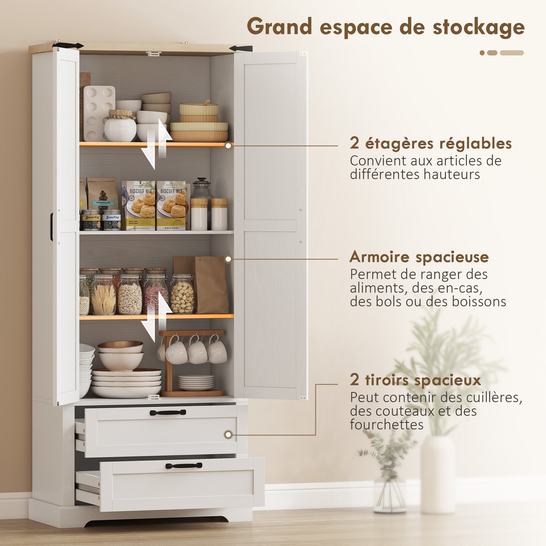 Buffet haut cuisine, armoire de cuisine avec 2 portes, 2 tiroirs, étagères réglables, style rustique, 76x40x180cm, blanc