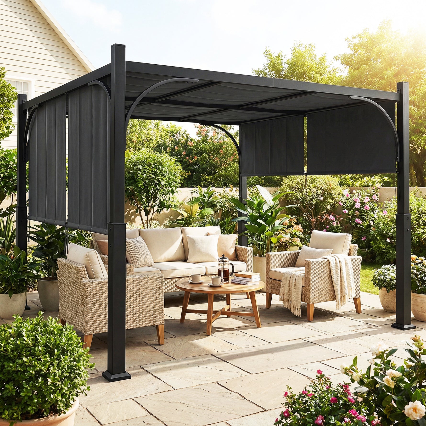 Pergola de jardin 3 x 3 m tonnelle de jardin avec Auvent coulissant, structure métallique, pour extérieur, Gris Foncé