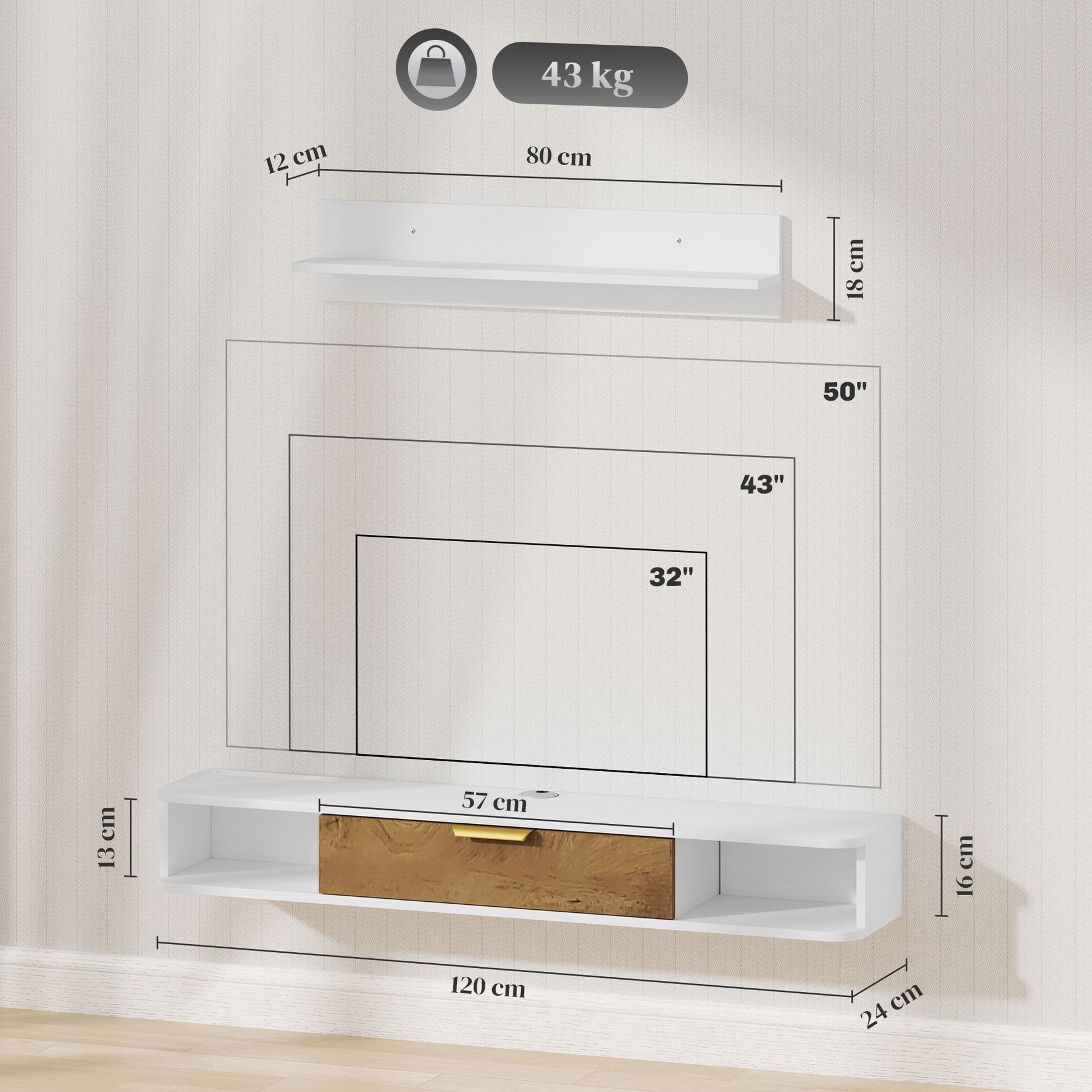 Ensemble meuble TV suspendu avec étagère murale meuble télé bois mural passe-câbles 120 x 24 x 16 cm blanc