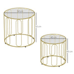 Lot de 2 tables basses gigognes rondes modernes avec cadre en métal et plateau en verre, ton doré
