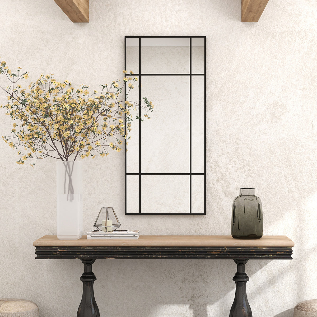 Leiho estiloko hormako ispilu angeluzuzena, horizontala edo bertikala, 4 kakorekin, metalezko marko beltza - 110x50 cm