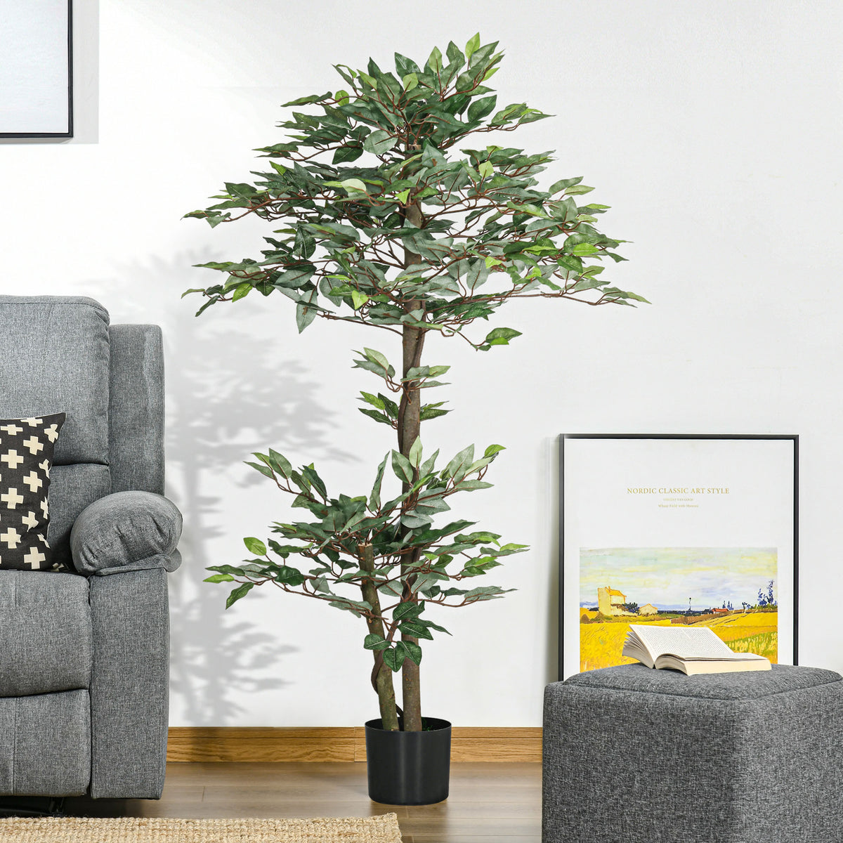 Arbre Artificiel Plante Artificiel ficus Hauteur 1,5 m Tronc Branches Liane Lichen Feuilles Grand réalisme Pot Inclus