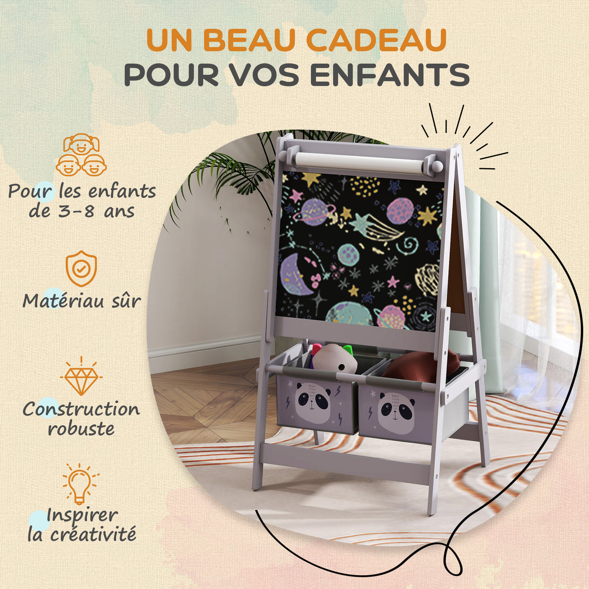 Tableau chevalet enfant ardoise double face tableau à craie rouleau papier 2 paniers 54 x 46,5 x 93 cm gris