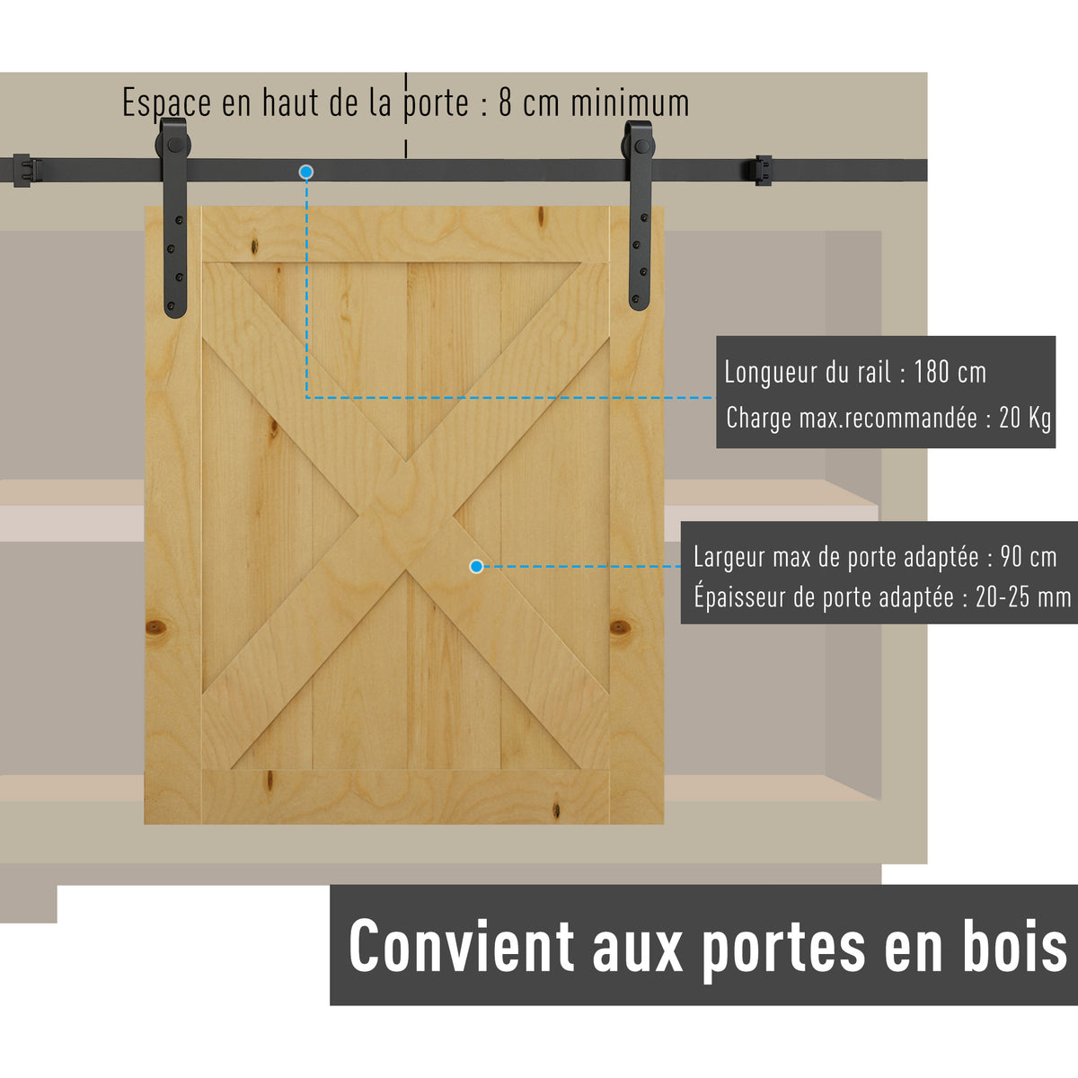 Kit de Porte Coulissante, Système Galandage avec Porte Épaisseur 20-25 mm, Largeur Max. 0,9 m, Charge 20 kg, Acier Noir