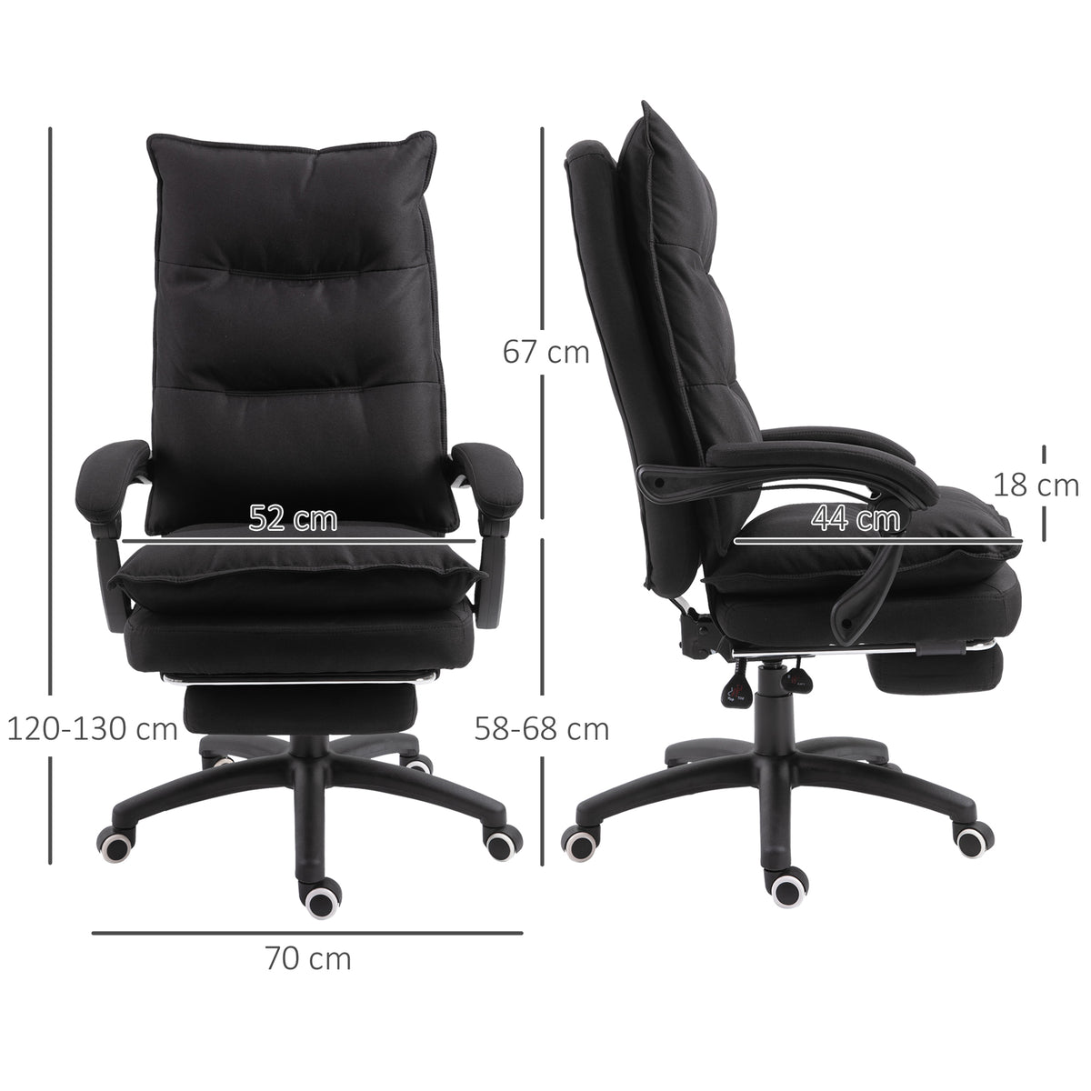 Fauteuil de bureau massant, chaise de bureau, chaise ergonomique avec hauteur réglable, dossier inclinable, repose-pied intégré et télécommande filaire, pivotant à 360°, toile de lin noir