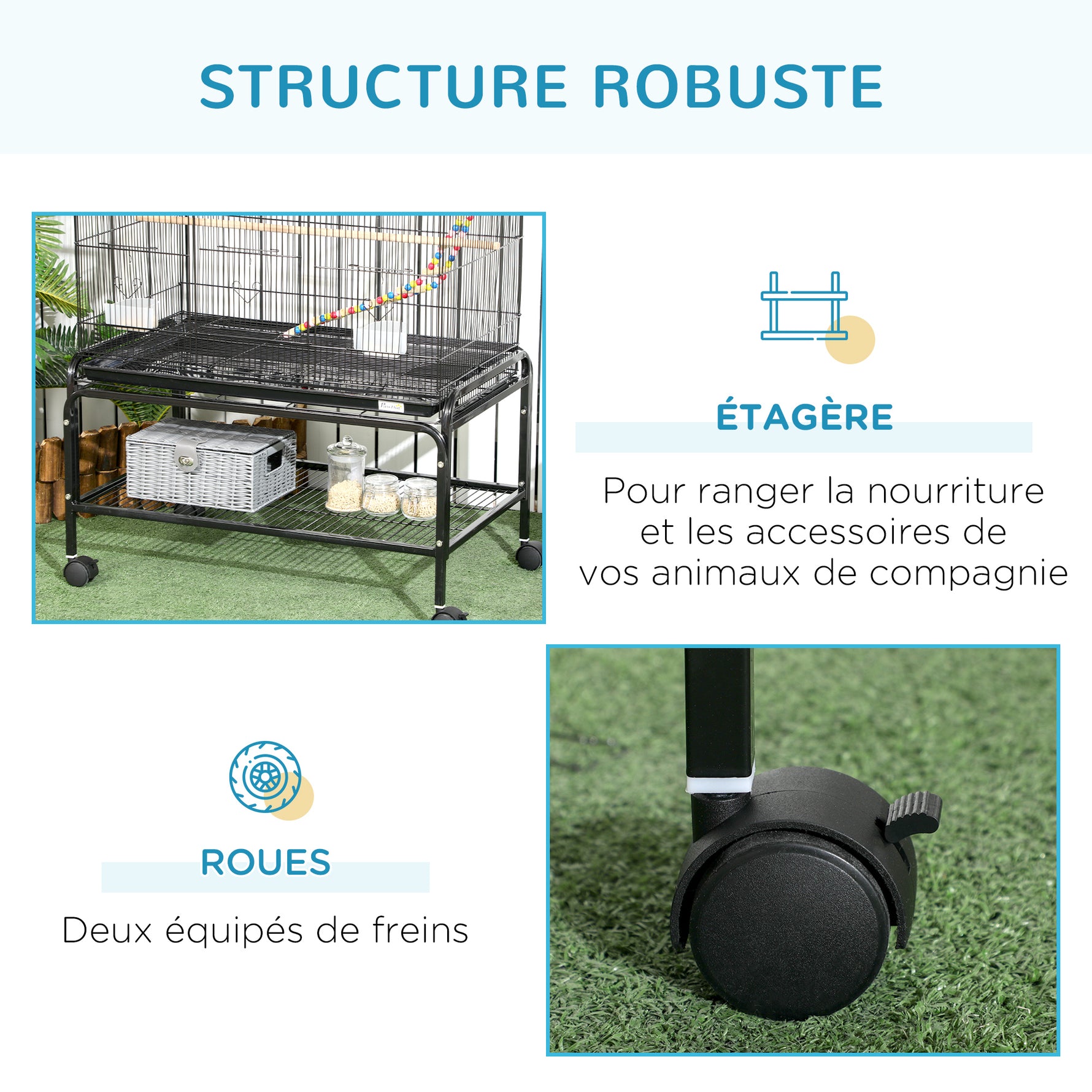 Cage à oiseaux sur pieds roulettes avec 4 mangeoires et 3 perchoirs 79 x 49 x 133 cm noir