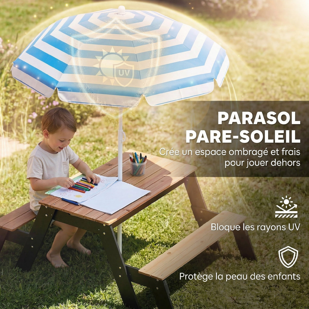 Table de pique-nique enfants avec parasol, 3 en 1 salon de jardin en bois pour enfants 3-6 ans avec 2 boîtes, naturel