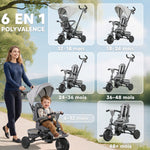 Tricycle bébé évolutif 6 en 1, tricycle enfant pliable avec poignée parentale réglable, siège pivotant 360°, gris