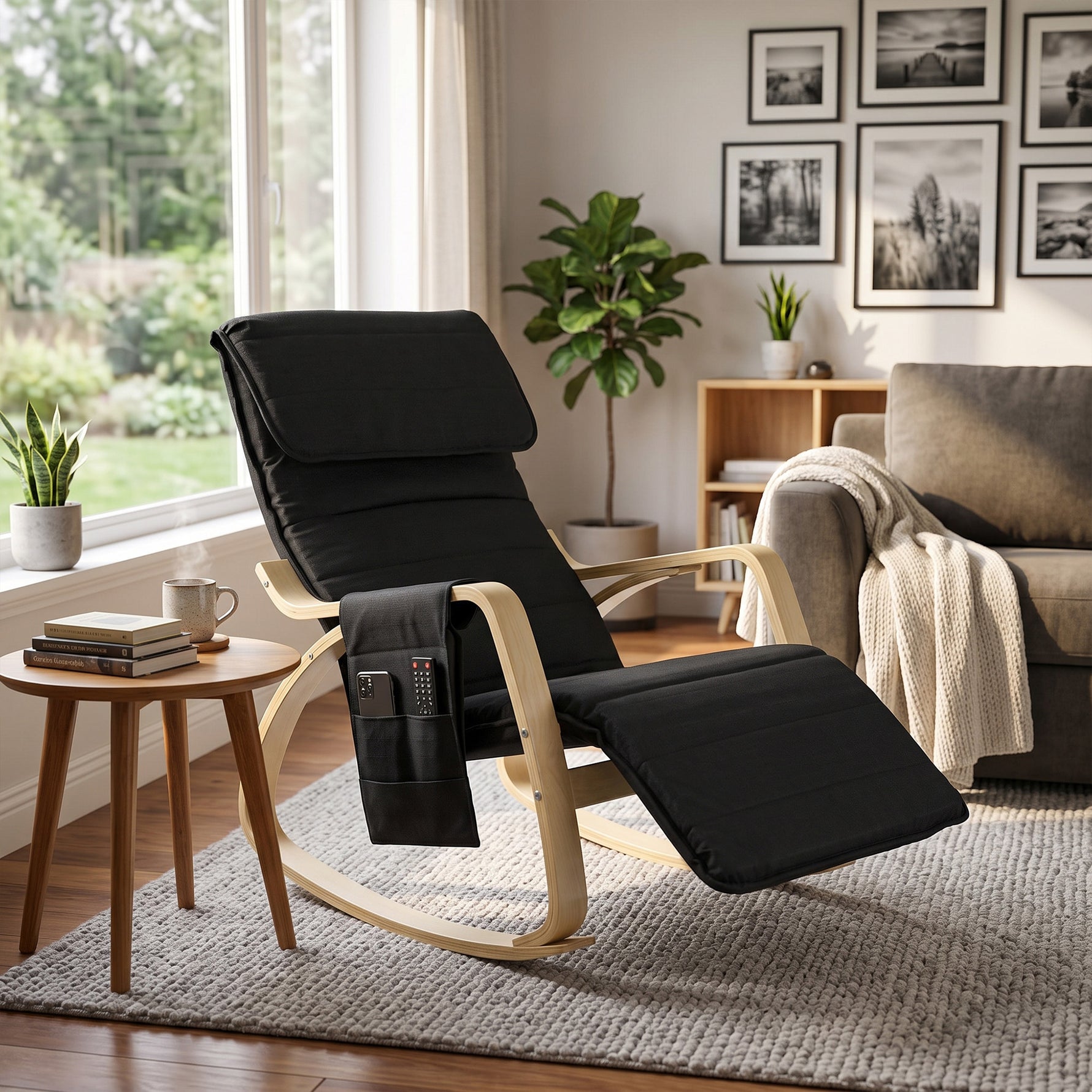 Fauteuil relax à bascule fauteuil allaitement avec repose-pieds réglable, poche latérale et appui-tête, noir