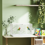 Vogelkooi volière voor binnen staal met scheidingswand, 4 zitstokken, uitschuifbare lade, 4 voederbakjes, 76x46x46cm, wit