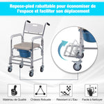 Chaise percée à roulettes - fauteuil roulant percé - chaise de douche - seau amovible, accoudoirs, repose-pied - acier chromé HDPE blanc
