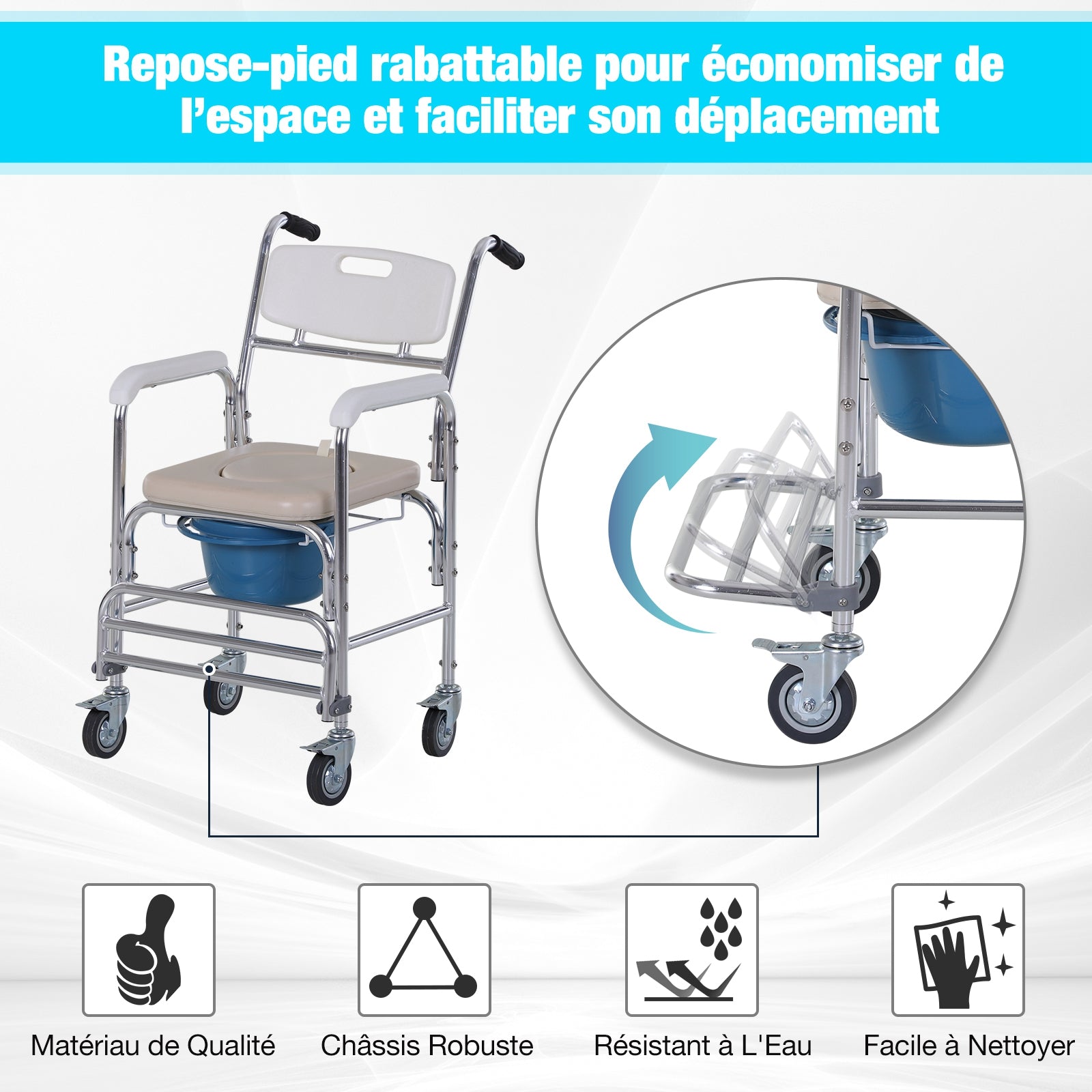 Chaise percée à roulettes - fauteuil roulant percé - chaise de douche - seau amovible, accoudoirs, repose-pied - acier chromé HDPE blanc