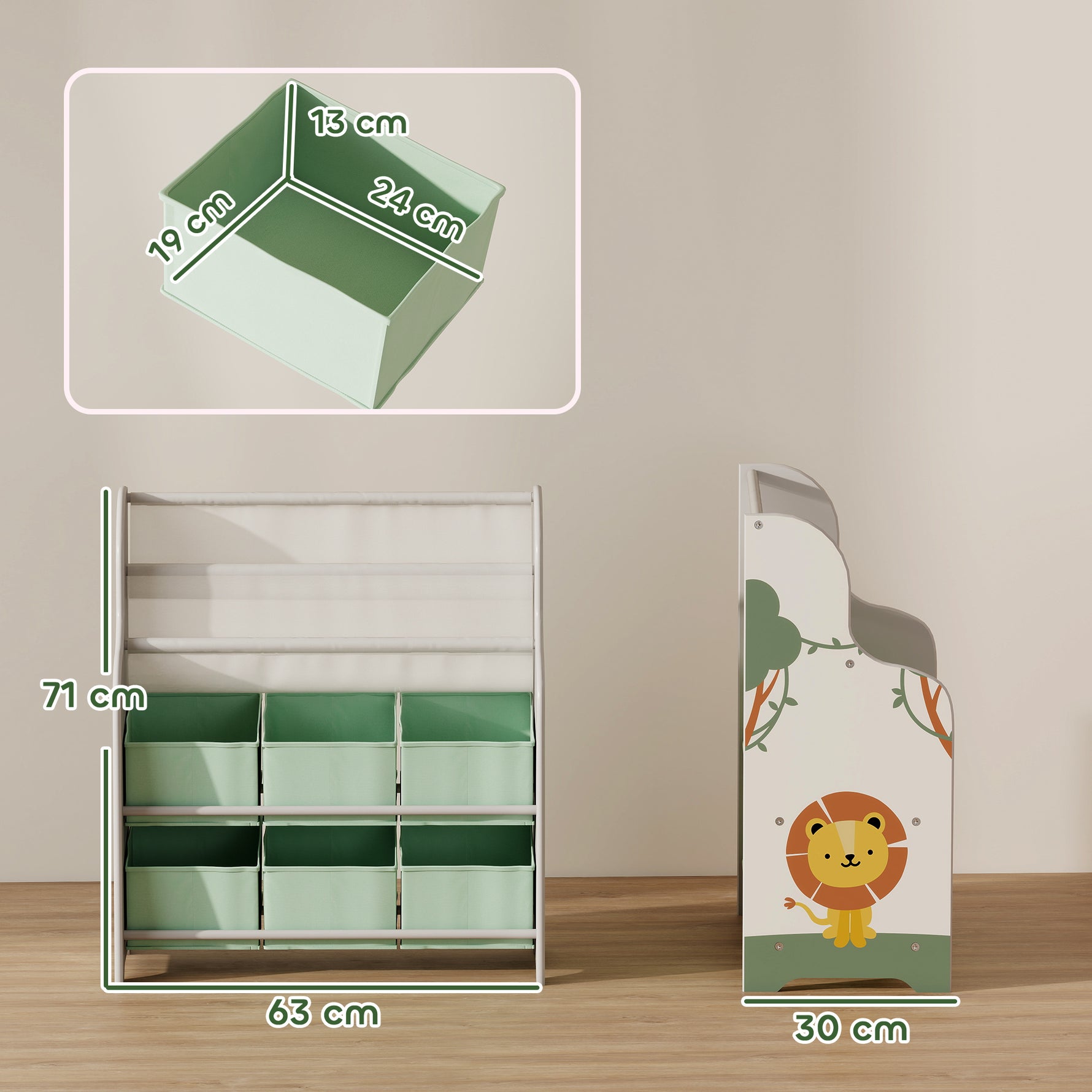 Meuble rangement enfant, rangement jouet enfant, 6 tiroirs en tissu et étagère à deux niveaux, 63x30x71cm, vert