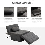 Chauffeuse 1 place 4 en 1 Fauteuil lit Convertible Pouf Dossier inclinable 5 Niveaux Repose-Pied Rabattable, Charge 200 Kg, châssis métal et Tissu Lin gris