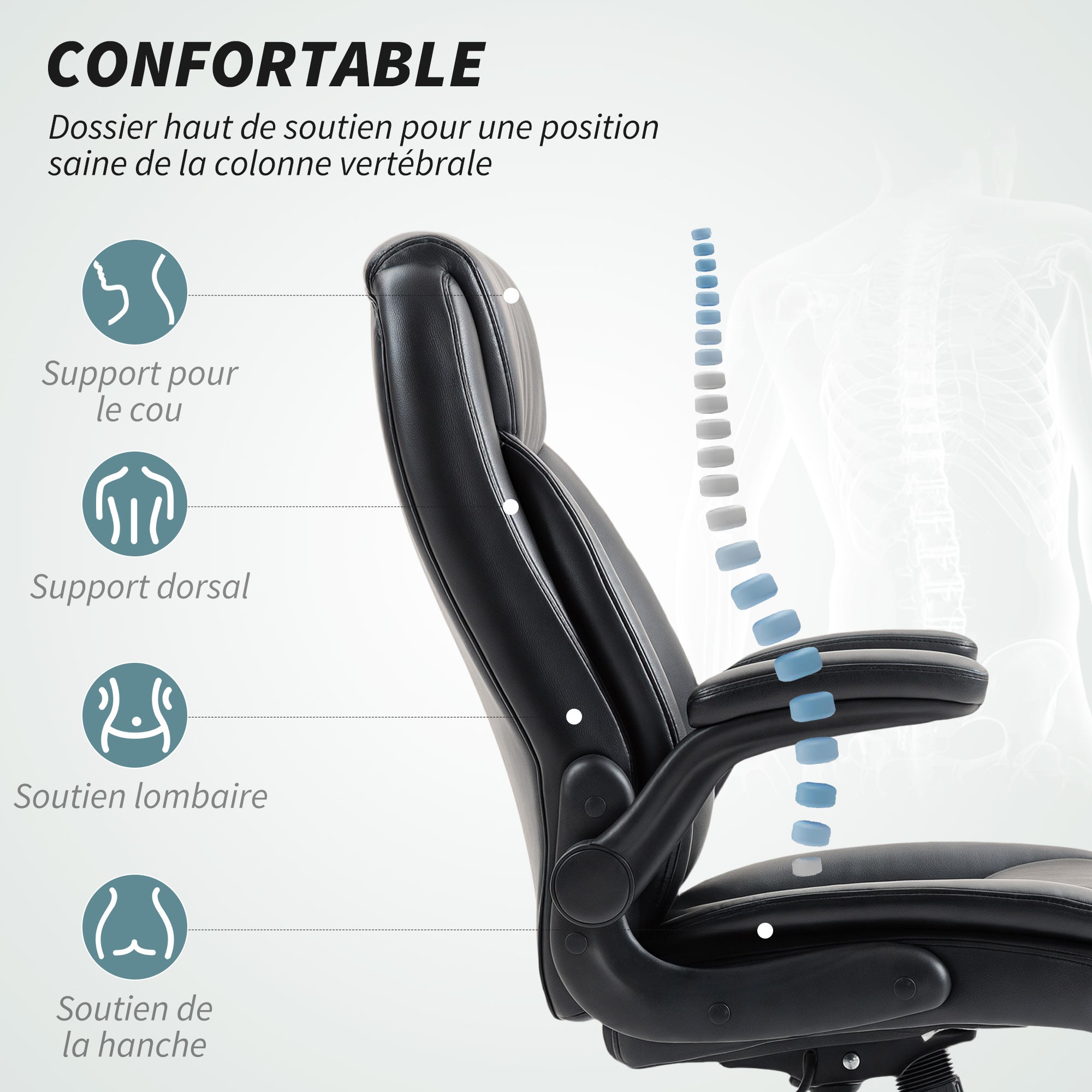 Fauteuil de bureau avec accoudoirs relevables, chaise de bureau ergonomique, hauteur réglable, fonction de bascule, noir