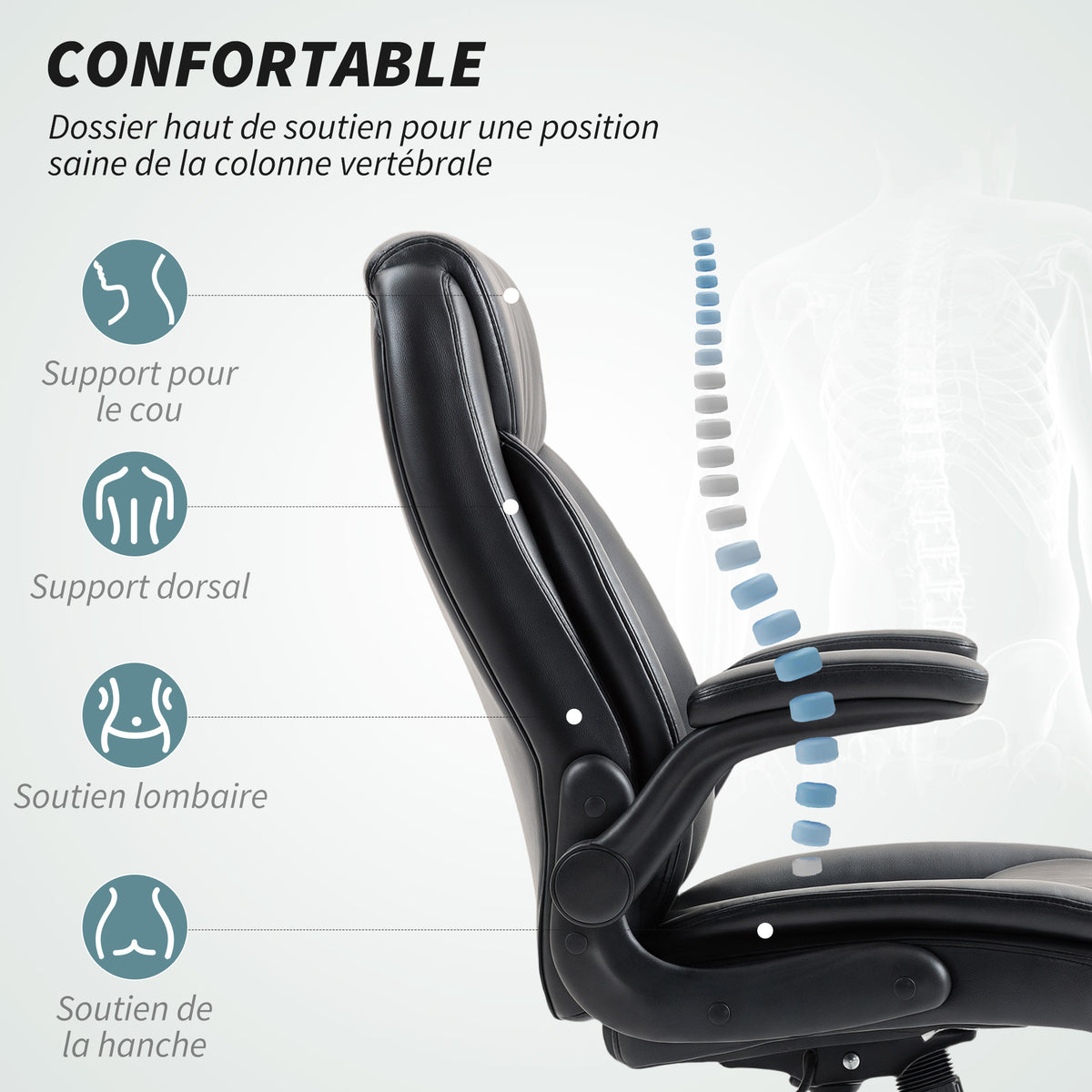 Fauteuil de bureau avec accoudoirs relevables, chaise de bureau ergonomique, hauteur réglable, fonction de bascule, noir