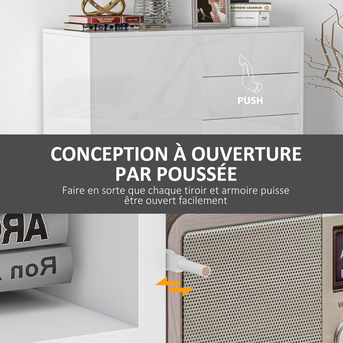 Commode Buffet Meuble de Rangement 2 tiroirs 2 Portes avec étagère 79 x 36 x 74 cm Blanc brillant
