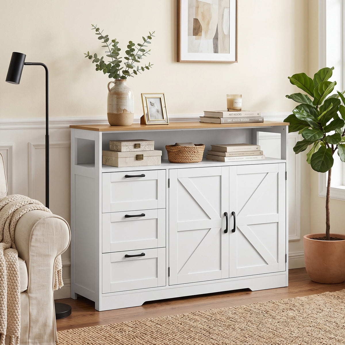 Credenza da cucina, mobile contenitore con 3 cassetti, 2 ante stile rustico, piano di lavoro e scomparto aperto, bianco
