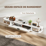 Hängendes TV-Board, Fernsehschrank für Fernseher bis 60 Zoll, Klappfach, 2 Ablagen, 140x24x16cm, Weiß