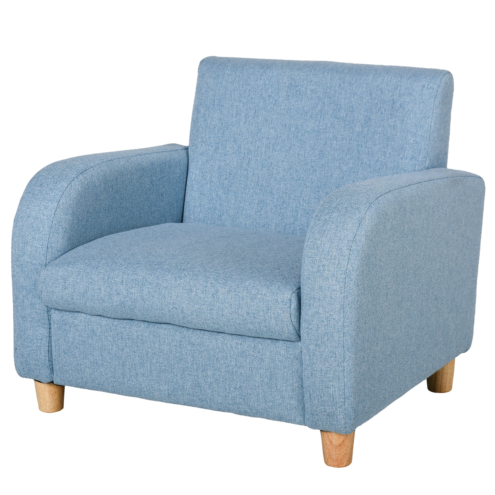 Fauteuil Enfant Design scandinave accoudoirs Assise Dossier garnissage Mousse piètement Bois Caoutchouc Lin Bleu