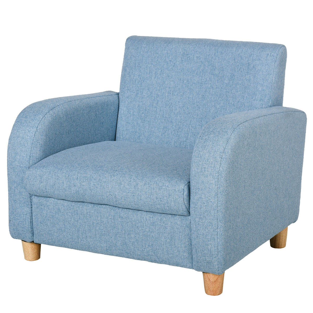 Fauteuil Enfant Design scandinave accoudoirs Assise Dossier garnissage Mousse piètement Bois Caoutchouc Lin Bleu