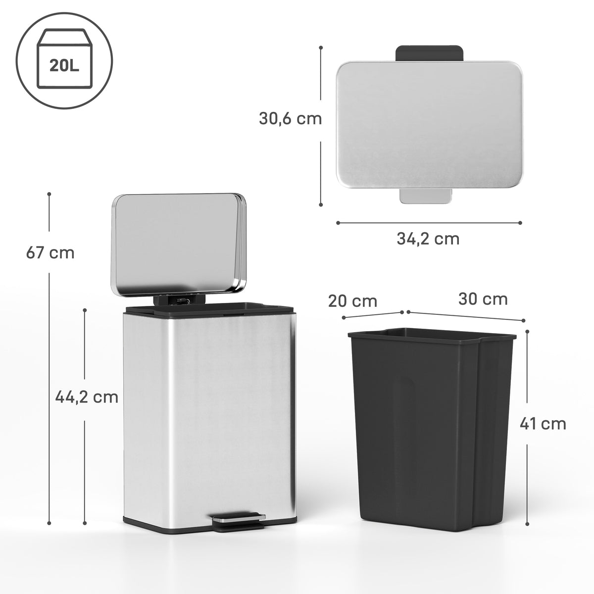 Poubelle de Cuisine 20 L en Acier Inoxydable, Poubelle avec Pédale, Couvercle à Fermeture Douce, Argenté