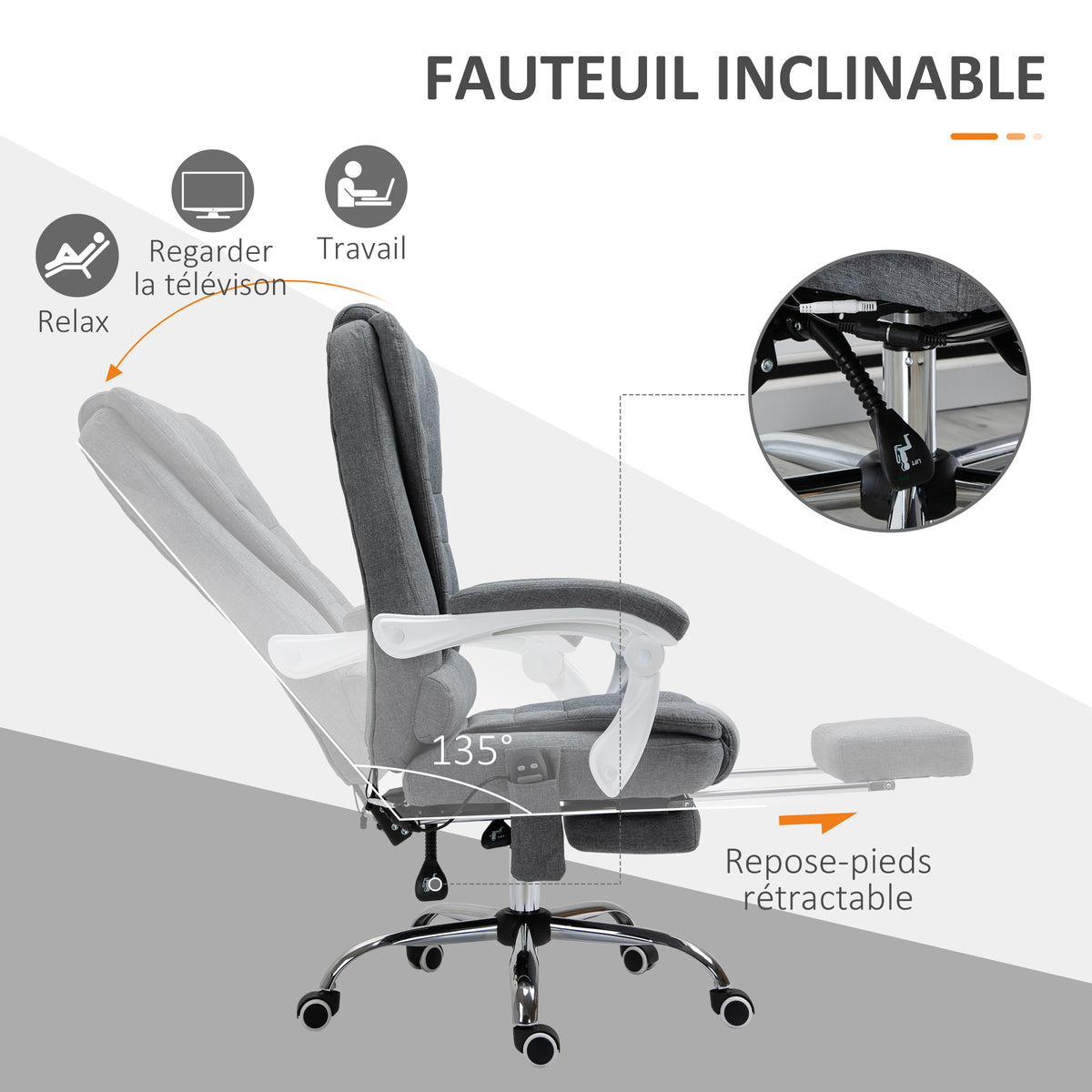 Fauteuil de bureau direction massant chauffant hauteur réglable dossier inclinable toile de lin gris