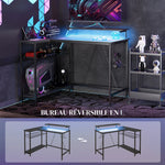 Bureau d'angle réversible, bureau d'ordinateur avec LED, 2 prises et 2 ports USB et panier réglable, 107x80x90cm, noir