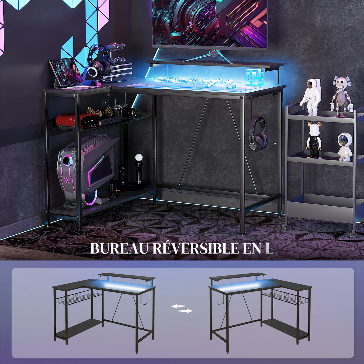 Bureau d'angle réversible, bureau d'ordinateur avec LED, 2 prises et 2 ports USB et panier réglable, 107x80x90cm, noir