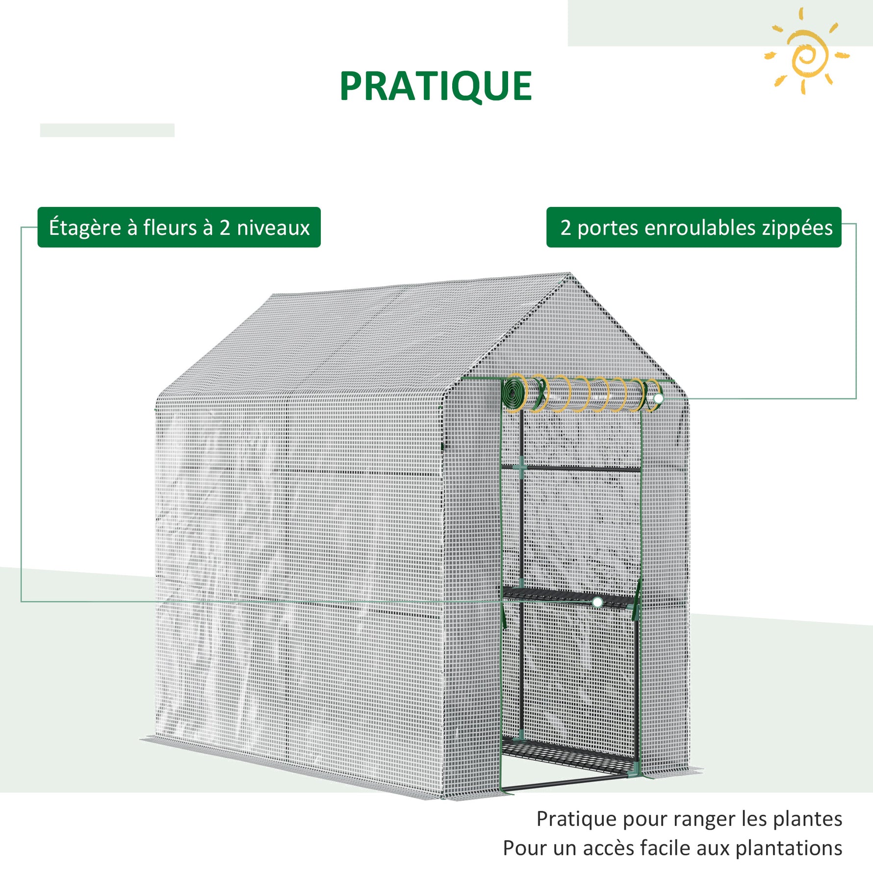 Serre de jardin PE avec étagère 2 niveaux, serre de balcon, bâche renforcée 140 g/m², acier, porte zippée