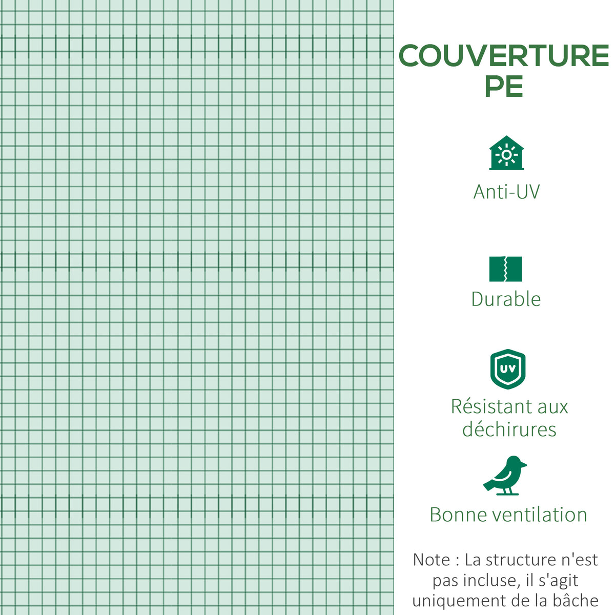 Bâche de Rechange Serre Tunnel 6 m², bâche 3 x 2 x 2 m PE Anti-UV imperméable 6 fenêtres + Porte Enroulable zippée Vert