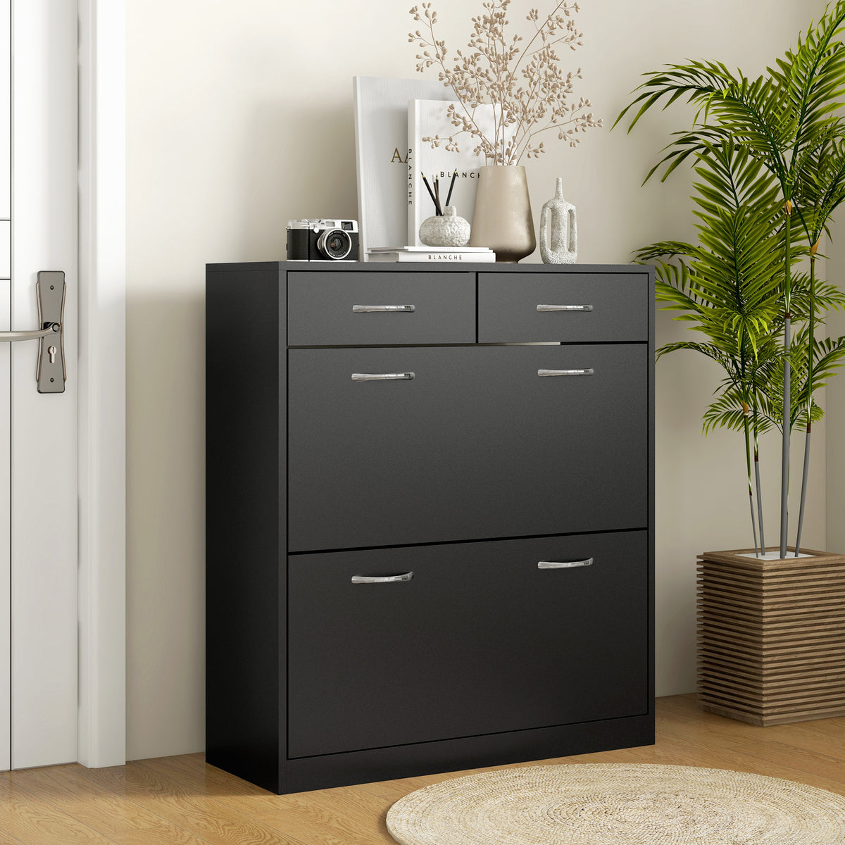 Shoe cabinet with 2 drawers and 2 drop-down doors with adjustable shelf, aluminum handles. 80 x 30 x 91.5 cm, Black