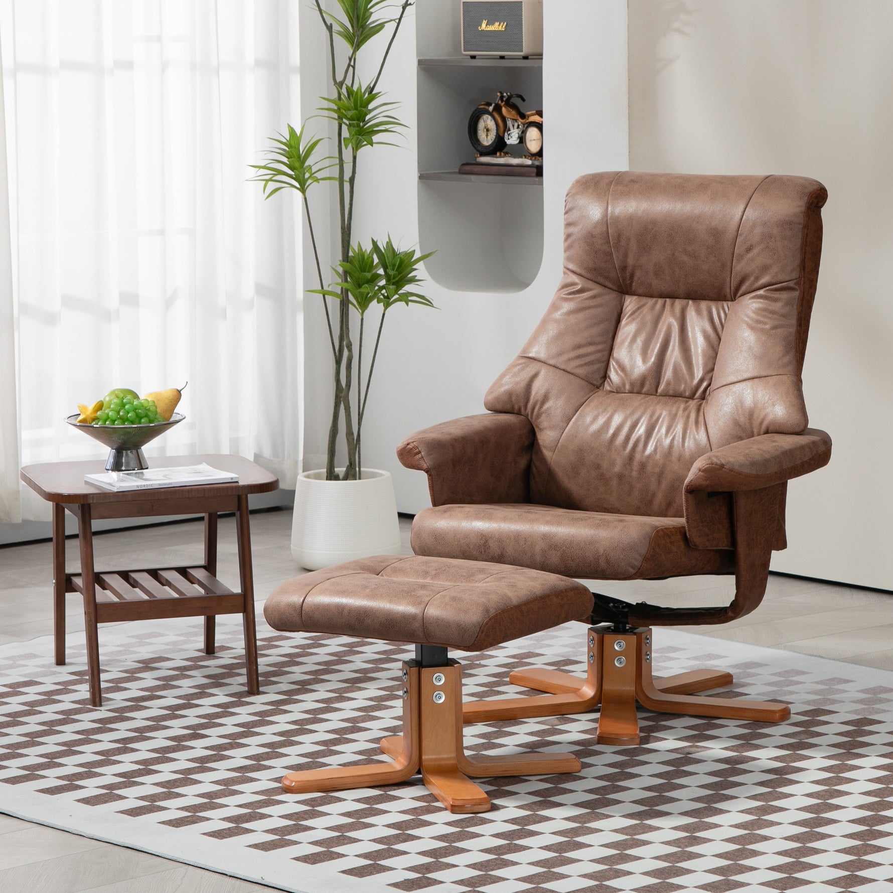 Fauteuil relax inclinable 135° pivotant 360° avec repose-pieds revêtement microfibre marron