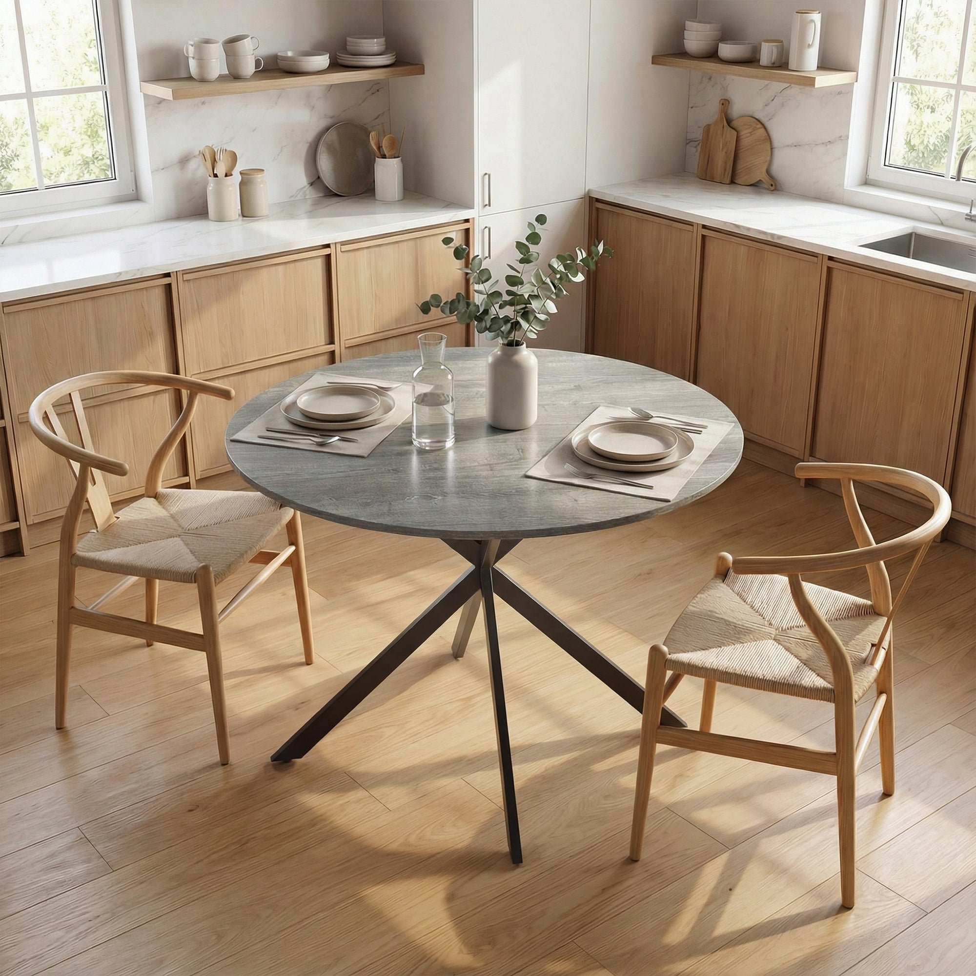 Table à Manger Ronde pour 4 Personnes 100 cm, Style Industriel avec Plateau Aspect Bois, Piètement Croisé en Acier, Gris
