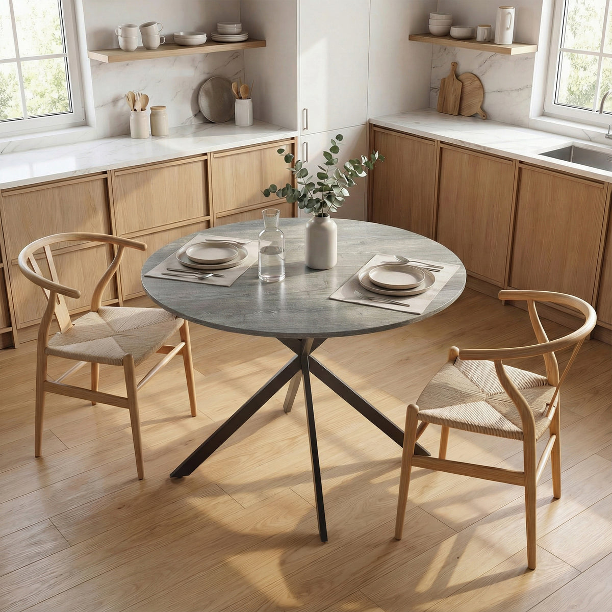 Table à Manger Ronde pour 4 Personnes 100 cm, Style Industriel avec Plateau Aspect Bois, Piètement Croisé en Acier, Gris