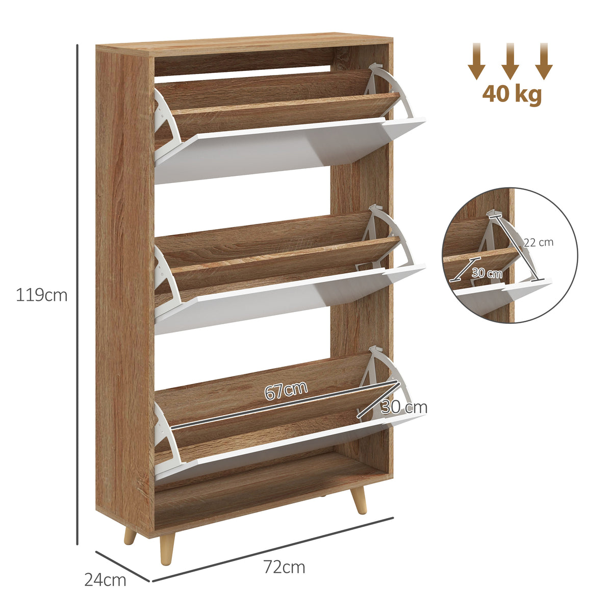 Meuble à chaussures 3 abattants avec étagère réglable, 72L x 24P x 119H cm, naturel et blanc