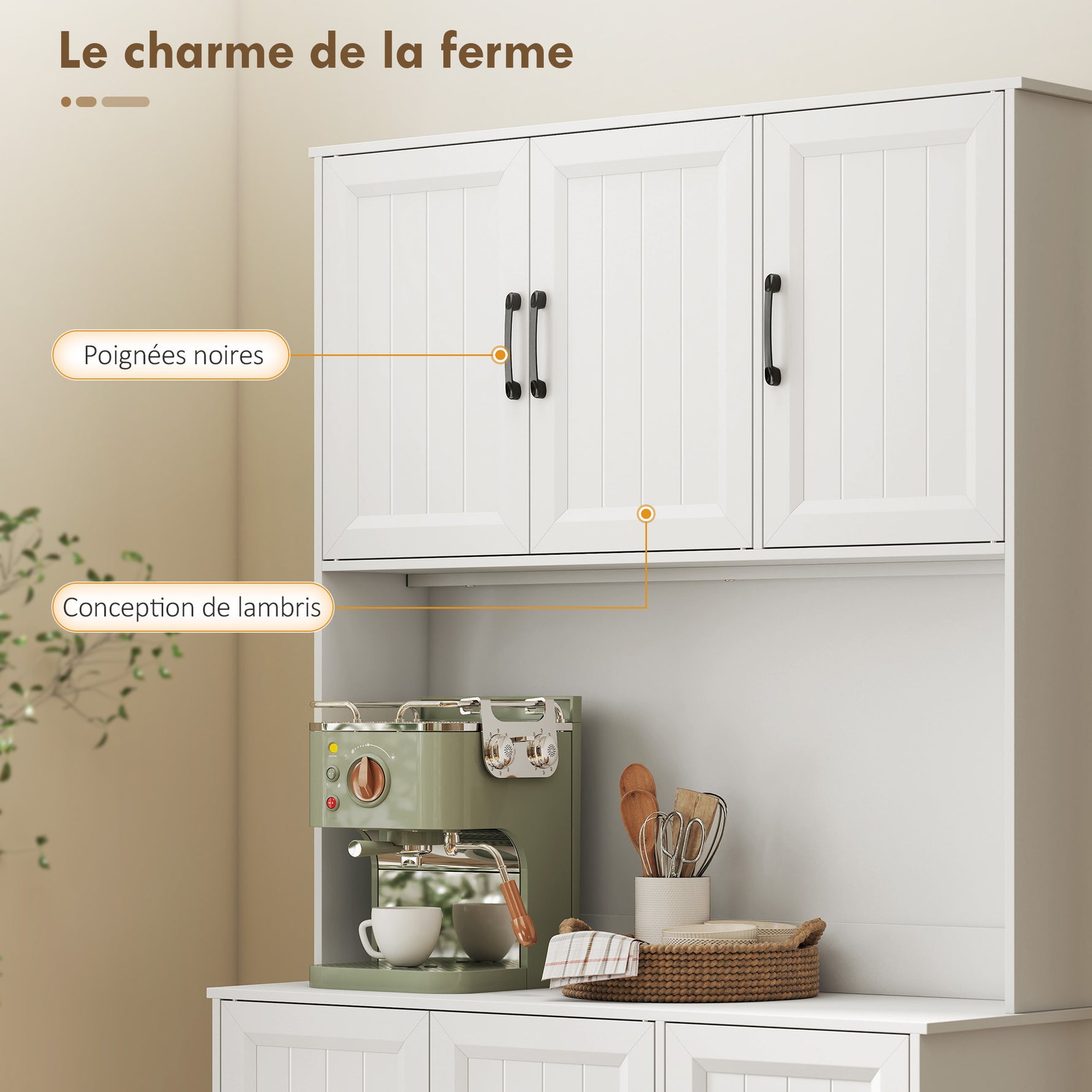 Buffet Haut Cuisine Moderne, 6 Portes, 1 tiroir, 1 Compartiment Ouvert, Étagères Réglables, 100 x 39,5 x 180,5 cm, Blanc