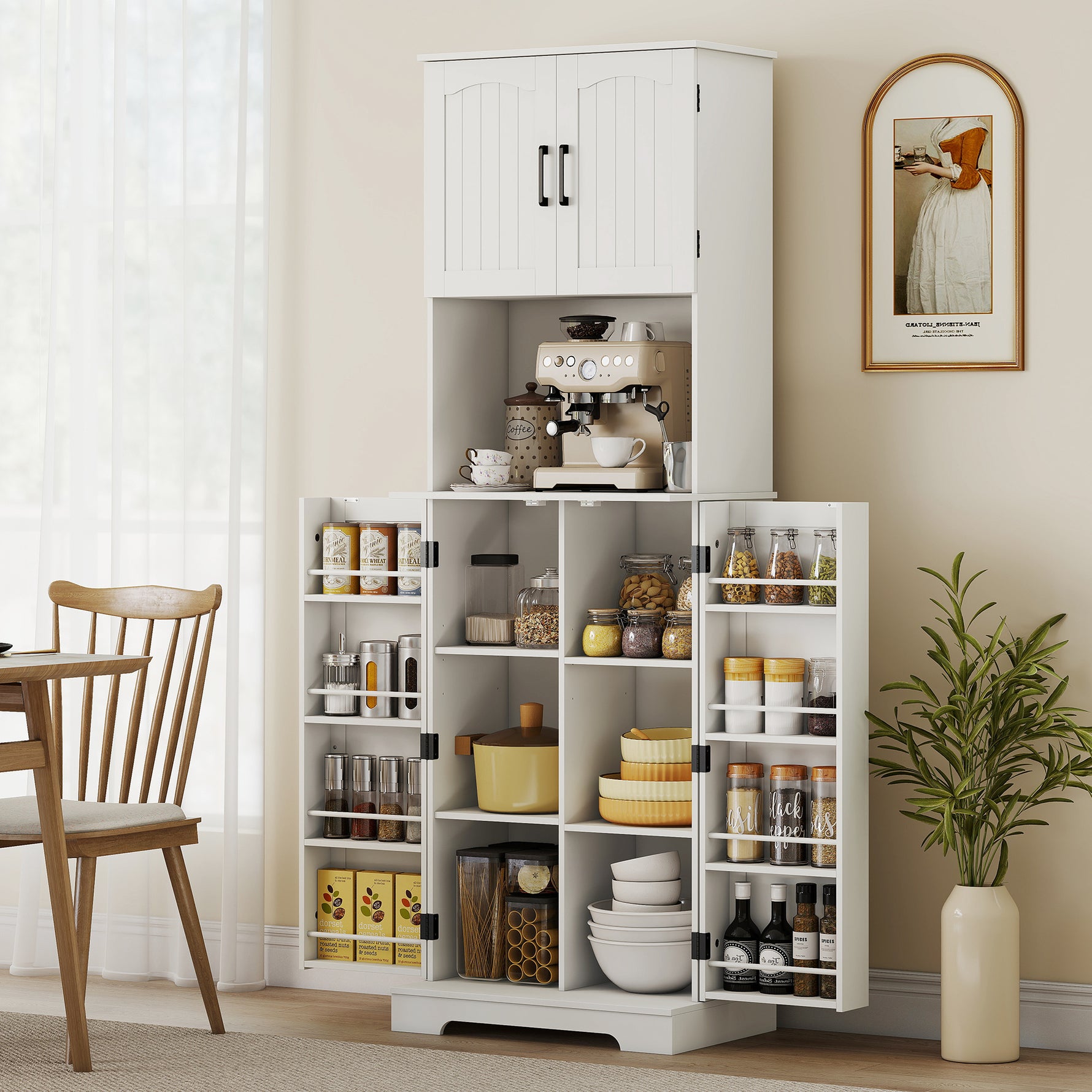 Buffet haut cuisine armoire de cuisine, 4 portes plan de travail 8 porte-épices étagères réglables 60x40x181,5cm blanc